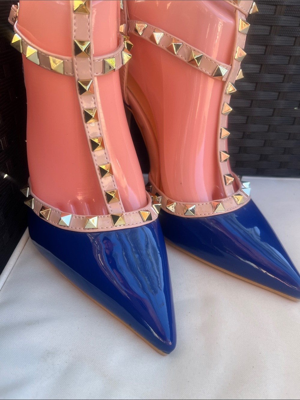 Studded Two-Tone Nude and Blue High Heel Pumps